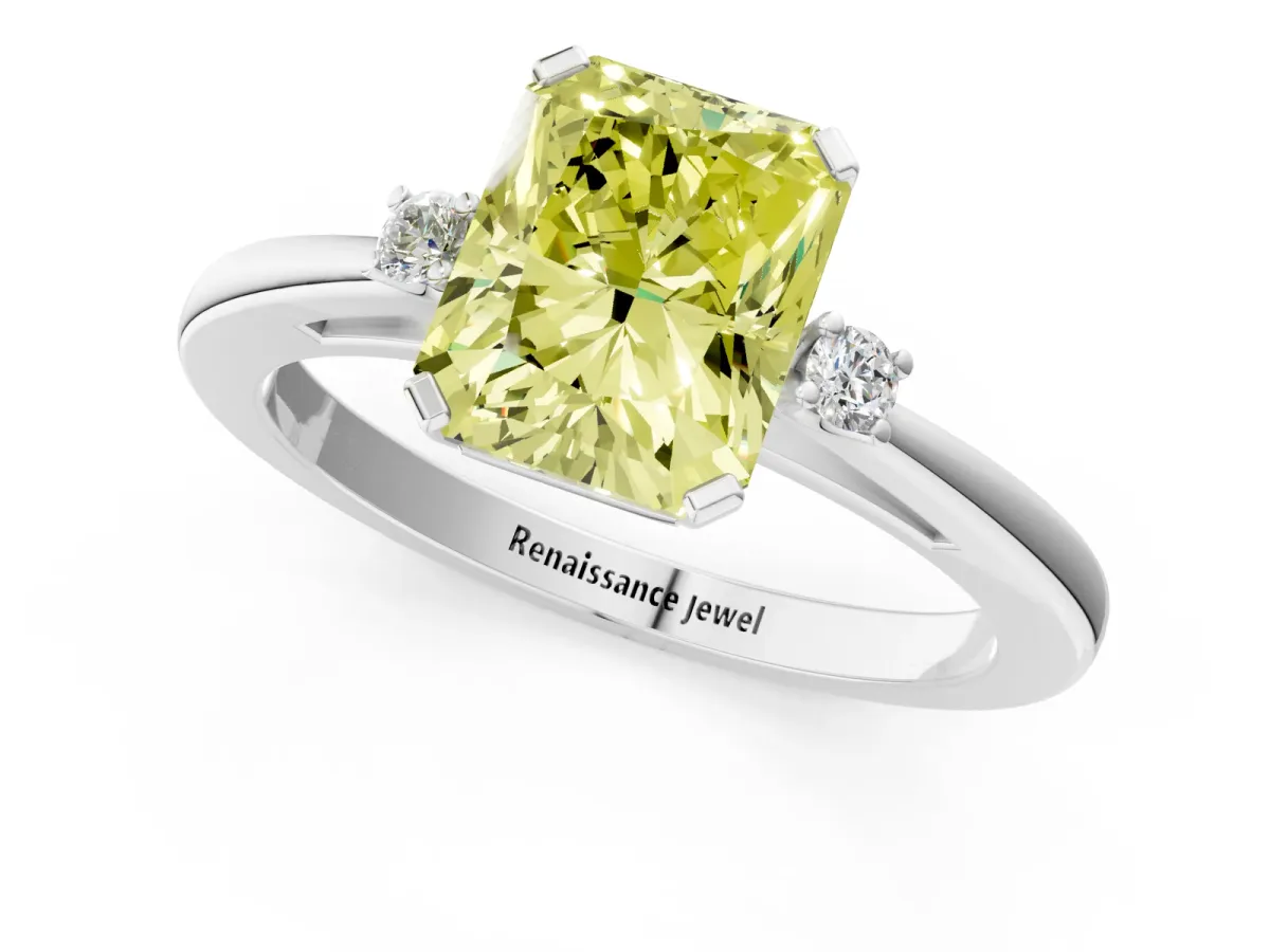 Fancy Yellow Radiant Cut Cut Three-Stone Solitaire Ring with Round Accent Diamonds and Four-Prong Setting Platinum
