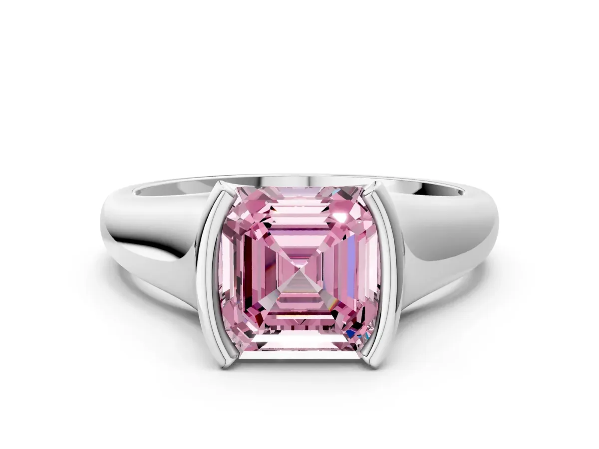 Fancy Pink Asscher Cut Solitaire Tension Set Diamond Ring with Split Shank Band Platinum