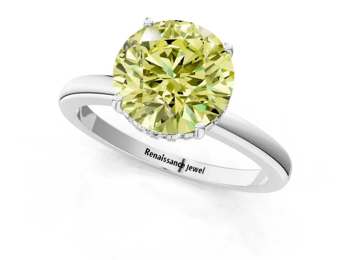 Fancy Yellow Round Cut Solitaire Diamond Ring with Prong Setting and Plain Band Platinum