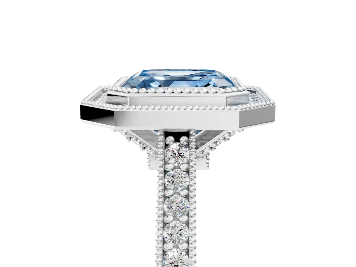 Fancy Blue Halo Asscher Cut-Cut Diamond Pave Band Milgrain Prong Setting Ring Platinum