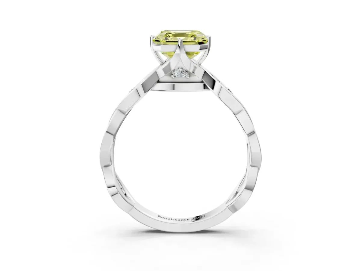 Fancy Yellow Asscher Cut Solitaire Twist Band with Leaf Prong Setting Platinum