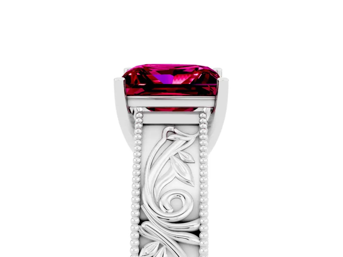 Princess Cut Garnet Solitaire Ring with Engraved Band and Four-Prong Setting White gold
