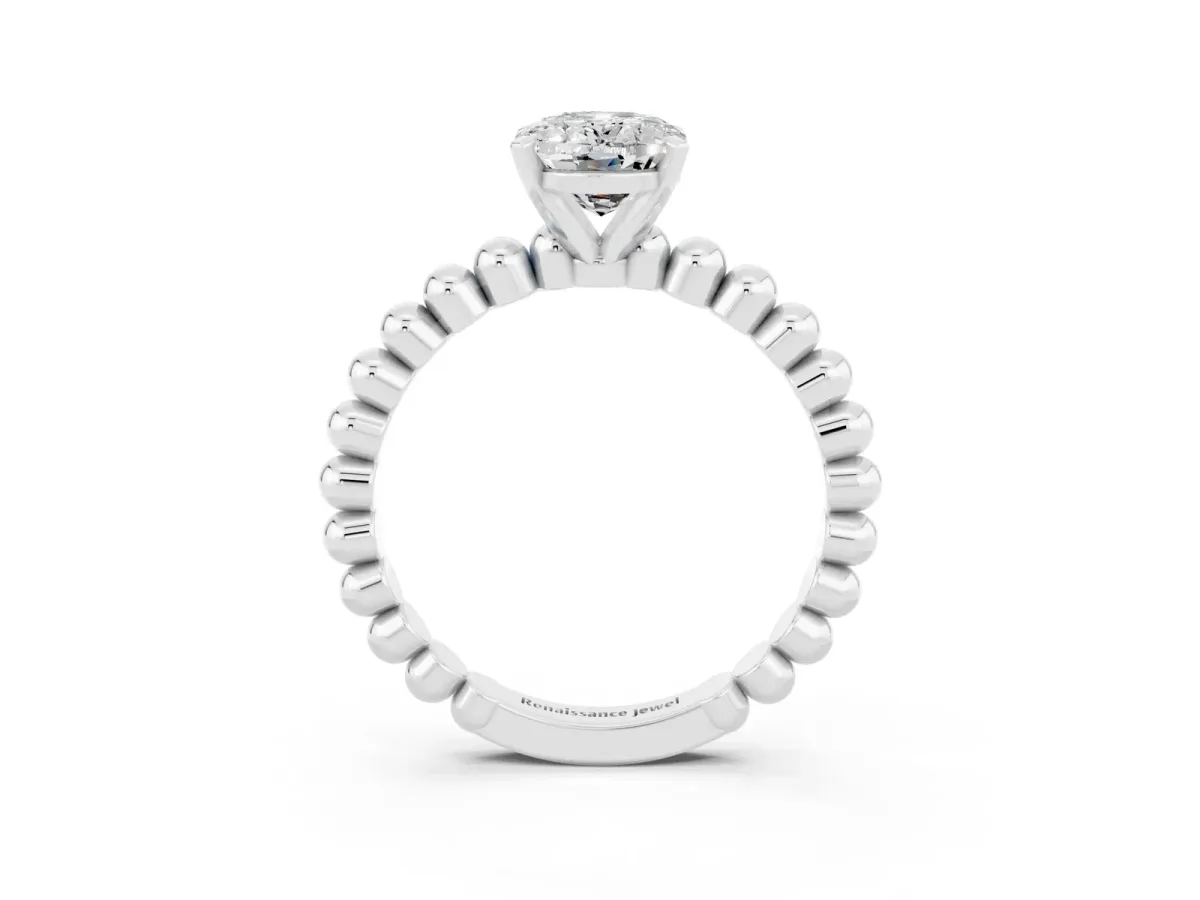 Oval Cut Moissanite Solitaire Ring with Beaded Band and Prong Setting Silver