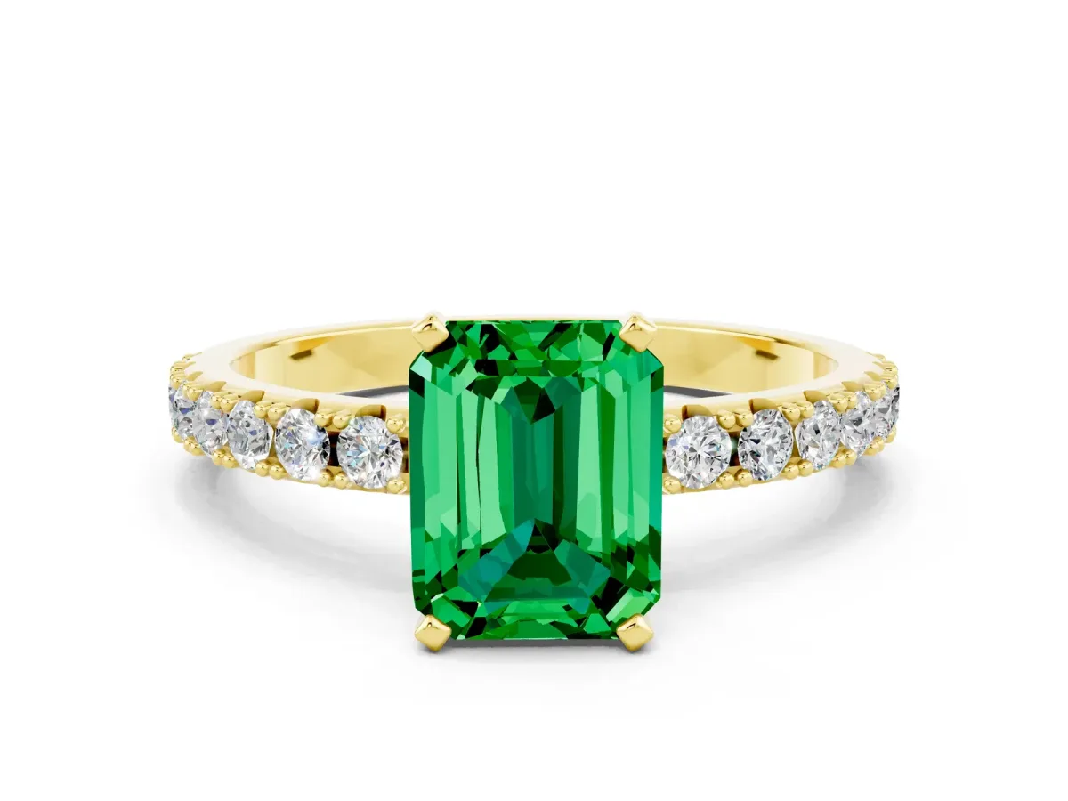 Emerald Cut Emerald Solitaire Pavé Band with Four-Prong Setting Yellow gold