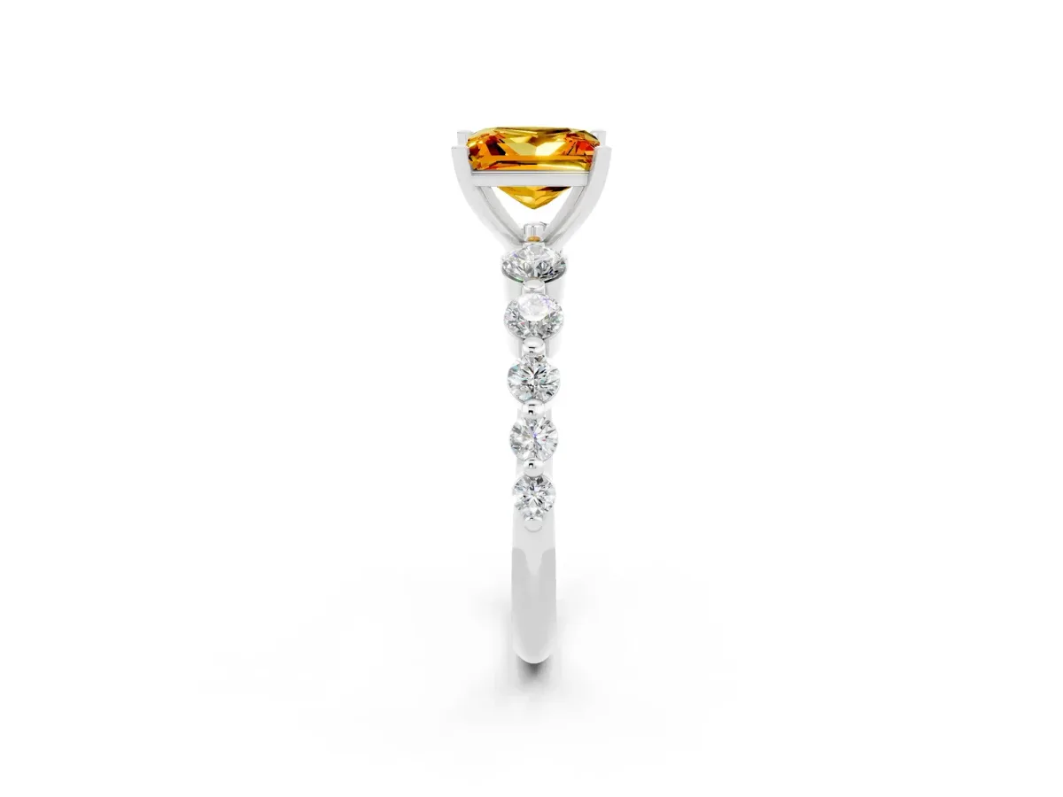 Princess Cut Solitaire Citrine Ring with Pave Band and Four-Prong Setting Silver