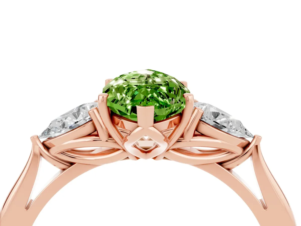 Marquise Cut Peridot Three-Stone Ring with Pear Side Stones and Prong Setting Rose gold