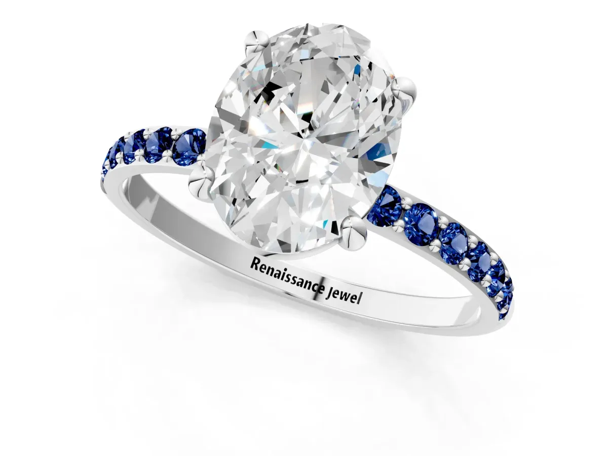 Oval Cut Diamond Solitaire Ring with Round Blue Sapphire Pavé Band and Prong Setting Silver