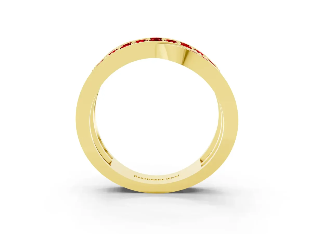 Pavé Round Ruby Crossover Band with Bead Prong Setting Yellow gold