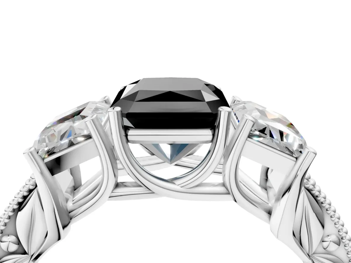 Fancy Black Three-Stone Radiant Cut Cut Milgrain Pavé Engagement Ring Platinum