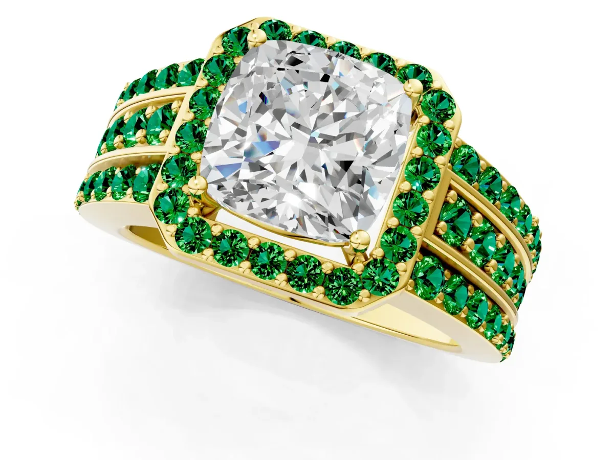 Cushion Cut Halo Diamond Ring with Round Emerald Split Shank and Prong Setting Yellow gold
