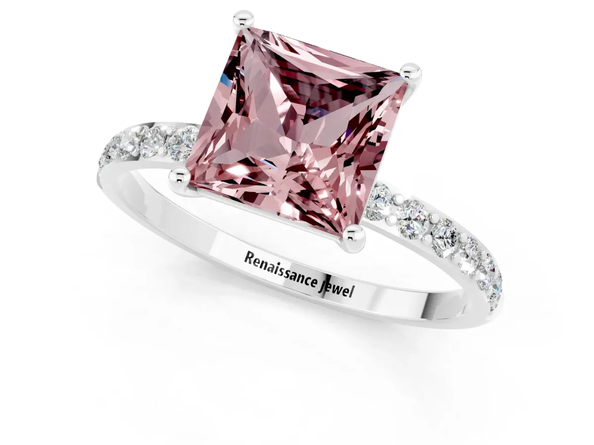 Princess Cut Morganite Solitaire Ring with Round Pavé Band and Prong Setting Silver