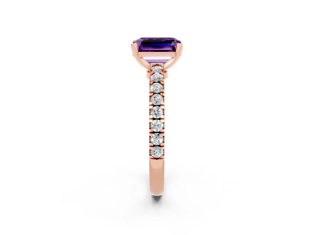 Emerald Cut Solitaire Amethyst with Pavé Band and Four-Prong Setting Rose gold
