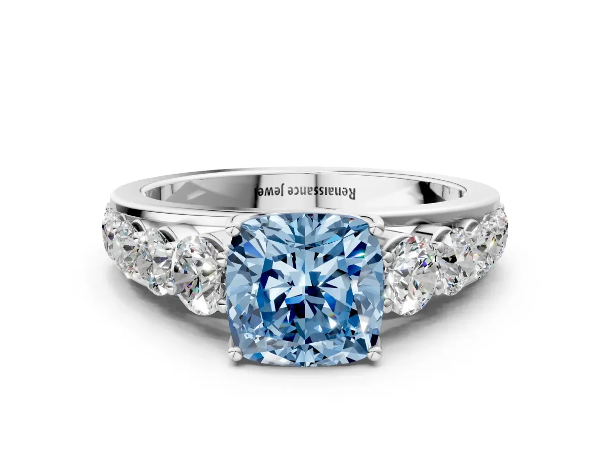 Fancy Blue Cushion Cut Brilliant Diamond Pavé Band with Six-Prong Setting Silver