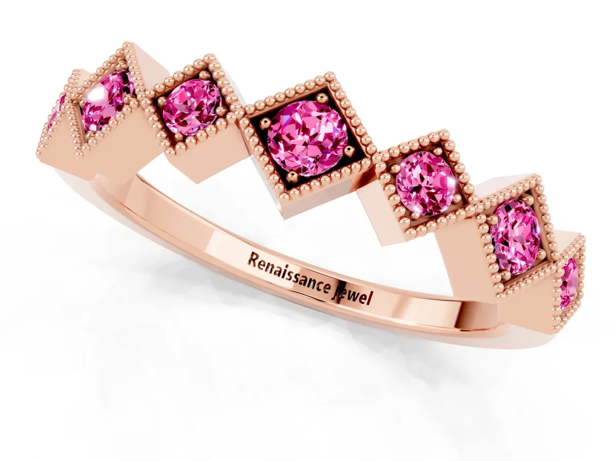 Milgrain Square Bezel Round Pink Sapphire Chevron Band Rose gold