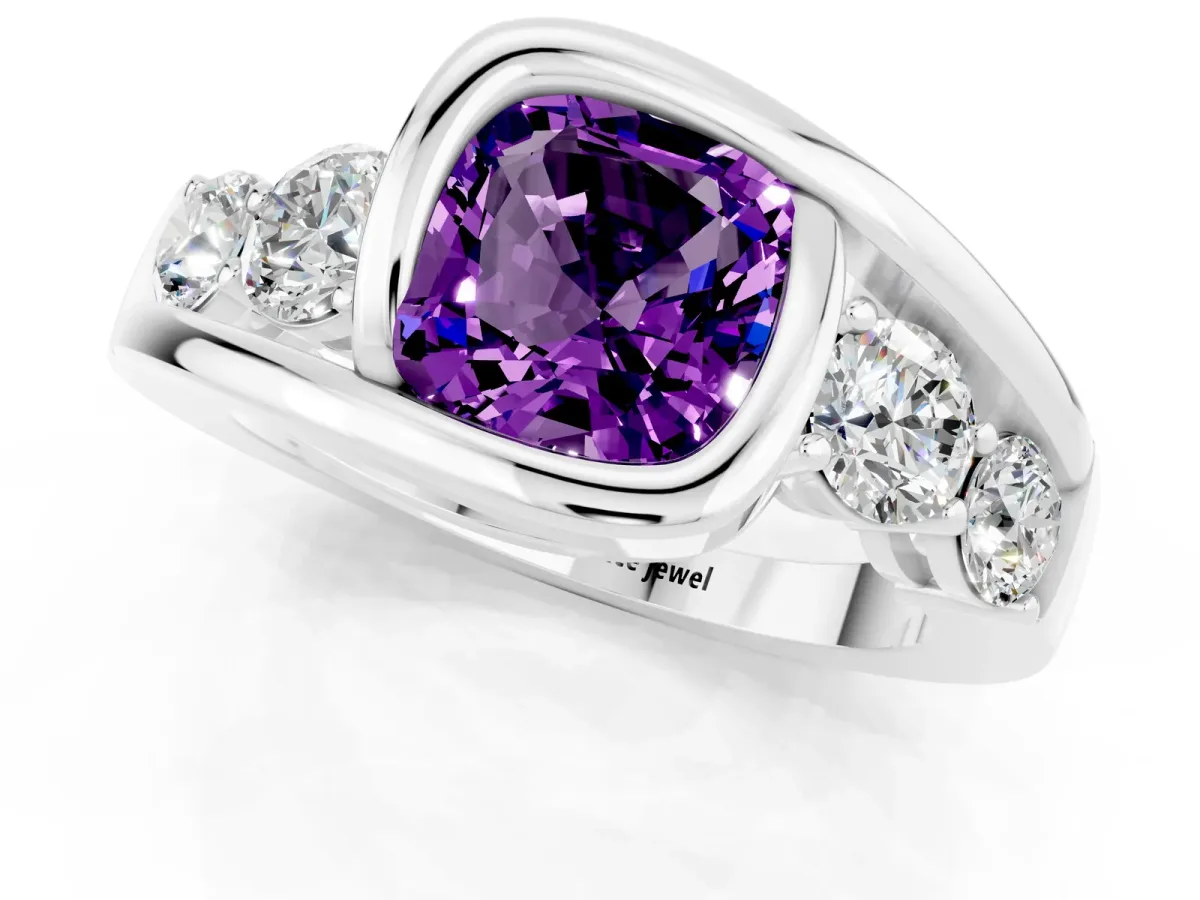 Bezel Set Cushion Cut Amethyst Bypass Ring with Round Accents Silver