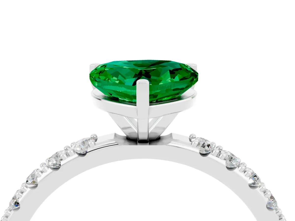 Heart Cut Emerald Solitaire Pavé Band with Four-Prong Setting White gold