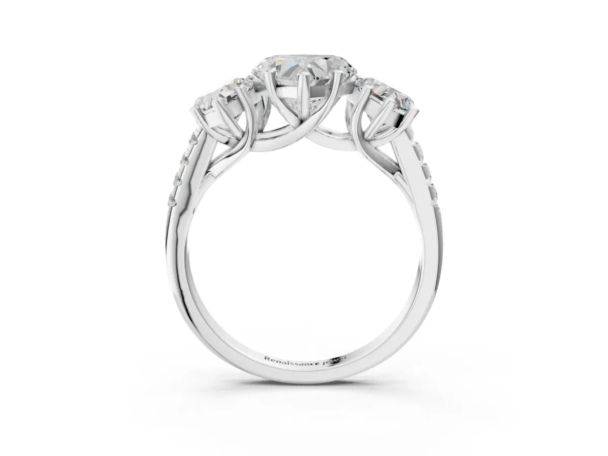 Three-Stone Heart Cut Diamond Ring with Round Moissanite Pavé Band and Prong Setting Silver