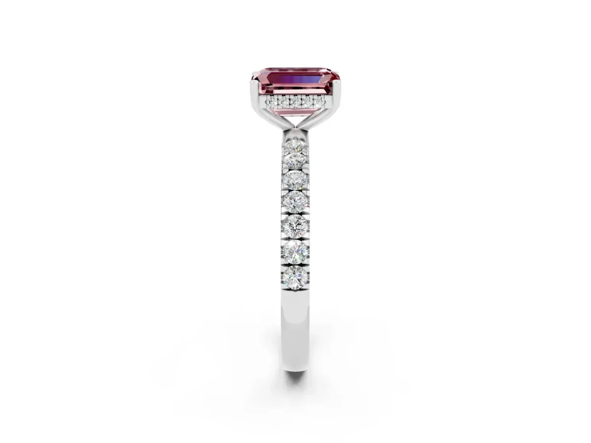 Emerald Cut Morganite Pave Band Solitaire Ring with Round and Prong Setting Silver