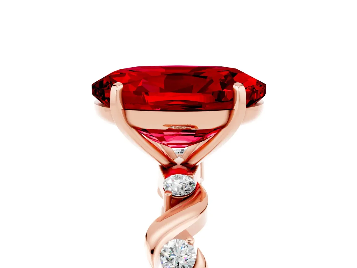 Oval Cut Ruby Solitaire Twisted Band with Round Accents and Prong Setting Rose gold