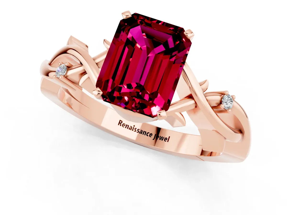 Emerald Cut Garnet Solitaire Ring with Twisted Band and Prong Setting Rose gold