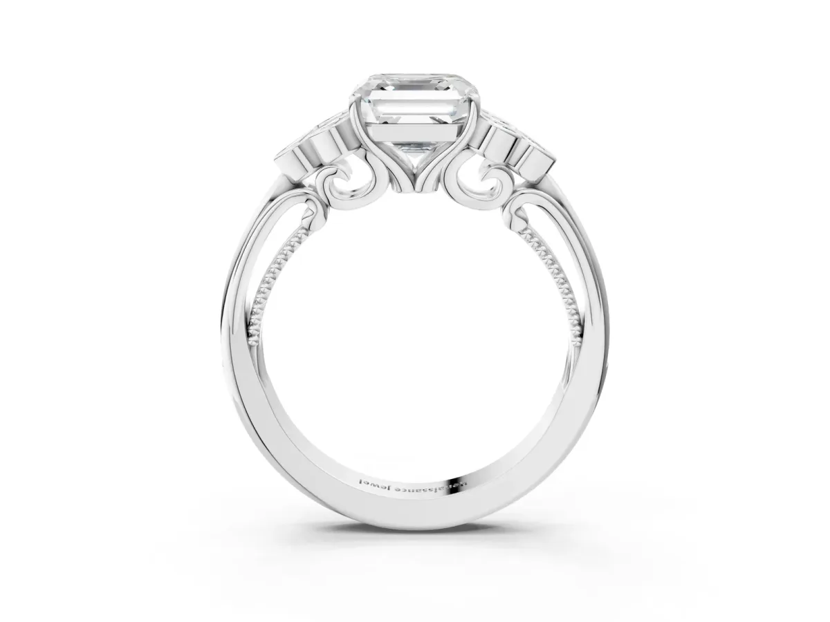 Asscher Cut Cut Diamond Engagement Ring with Bezel Set Round Side Stones and Prong Setting Platinum