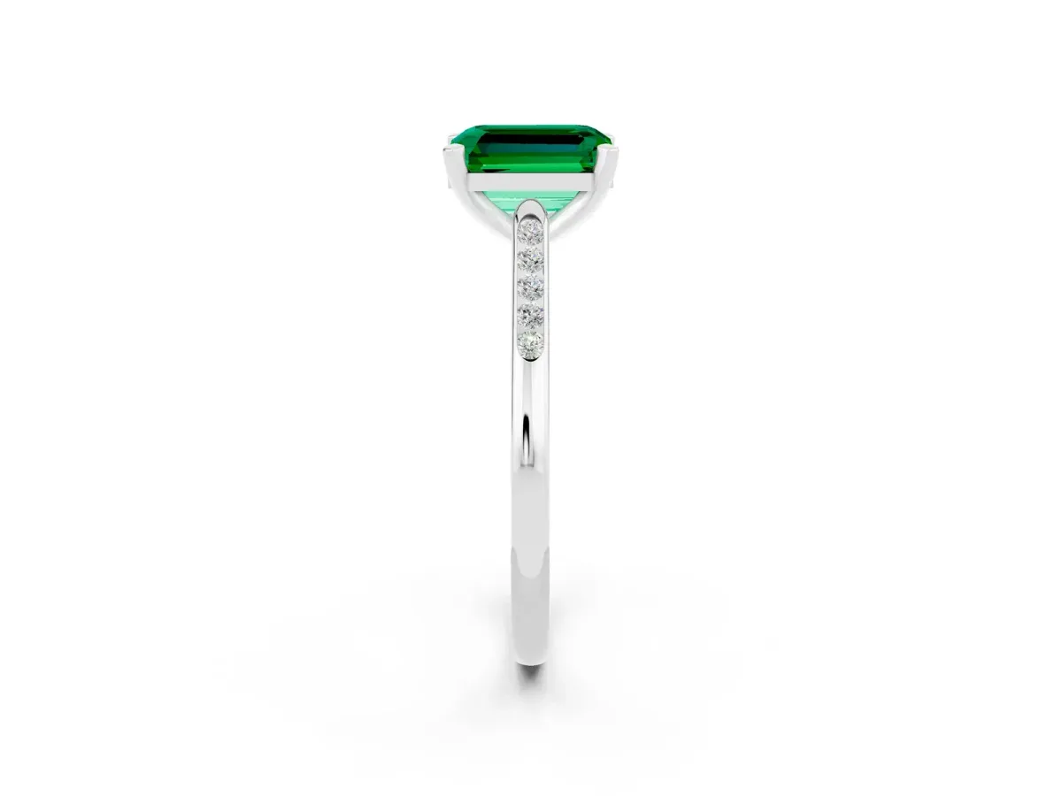 Emerald Cut Emerald Solitaire Ring with Channel Set Round Band and Prong Setting Silver
