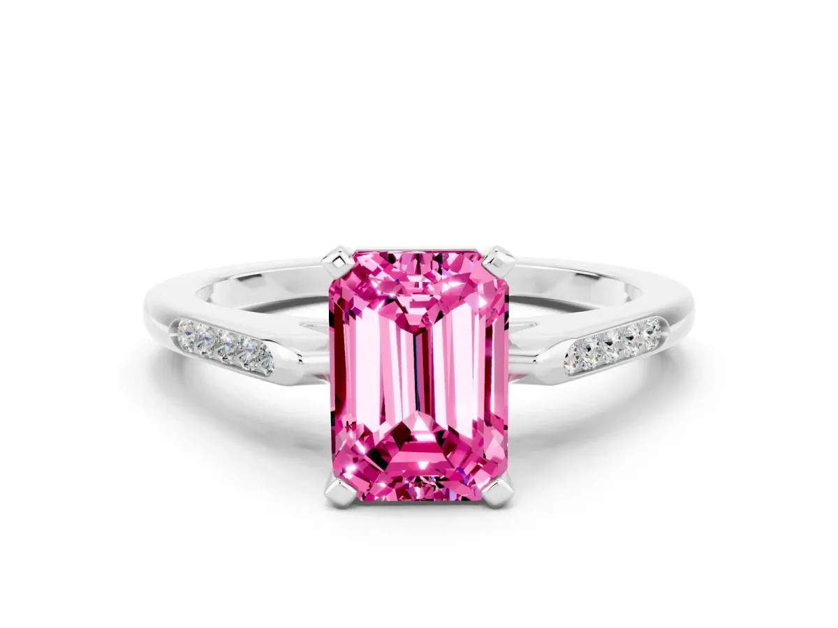 Emerald Cut Pink Sapphire Solitaire Ring with Channel Set Round Band and Prong Setting Silver