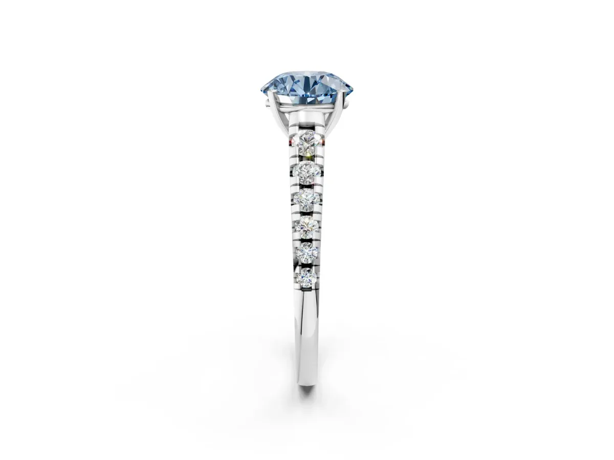 Fancy Blue Round Cut Diamond Cathedral Solitaire Ring with Round Pavé Band Platinum