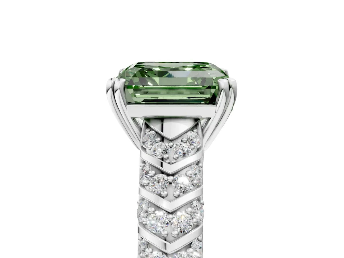 Fancy Green Asscher Cut Solitaire Chevron Pave Diamond Engagement Ring with Six-Prong Setting Platinum
