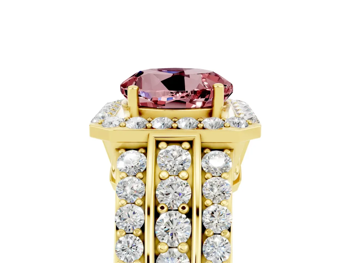 Round Cut Halo Morganite Ring with Round Split Shank and Prong Setting Yellow gold