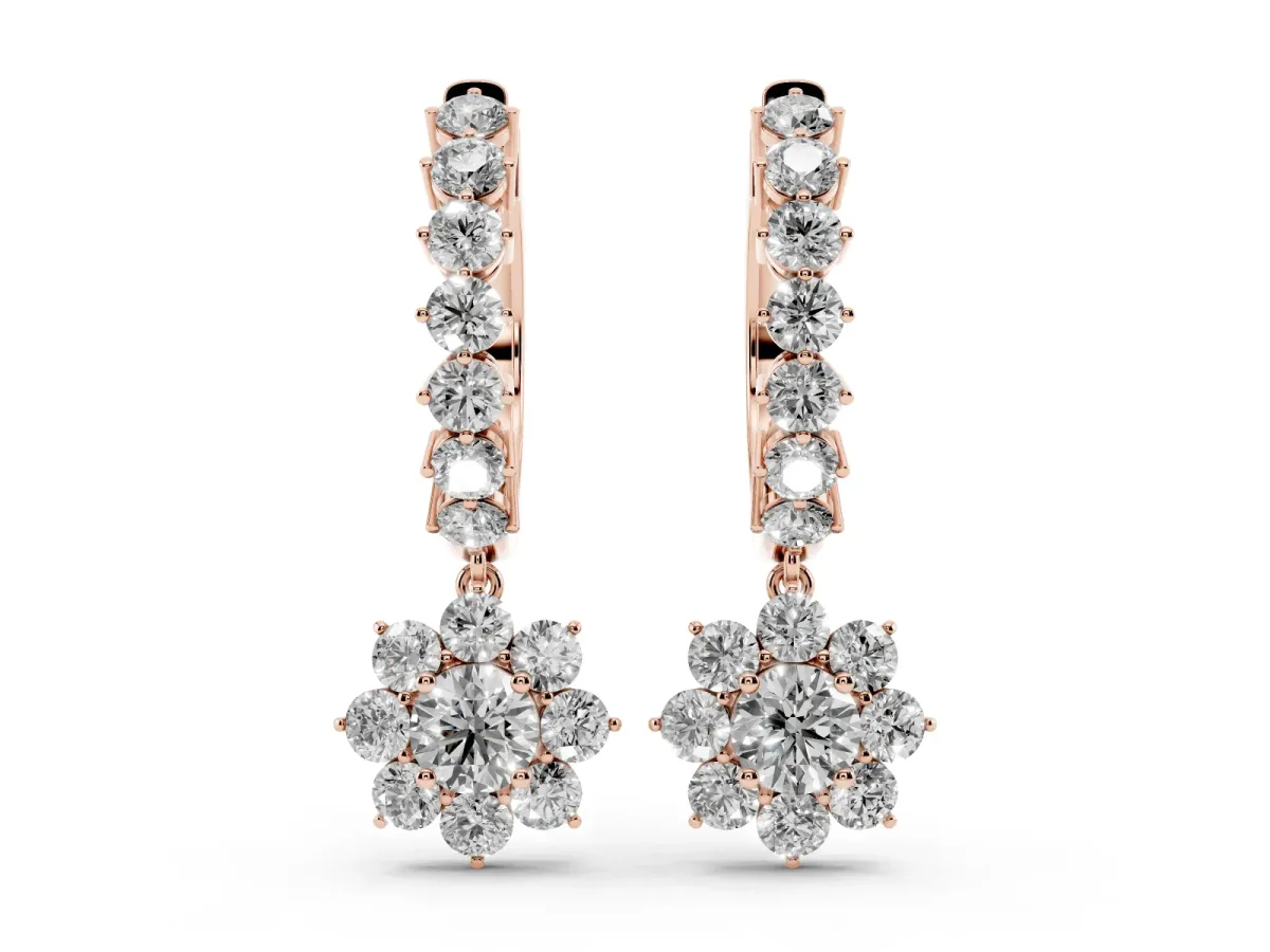 Round Diamond Petite Hoop Earrings with Sunflower Drop Rose gold