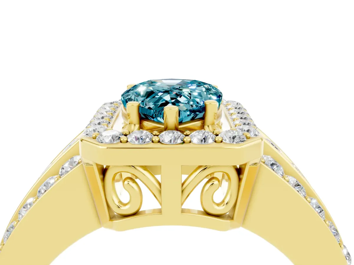 Pear Cut Halo Blue Topaz Ring with Round Split Shank and Prong Setting Yellow gold