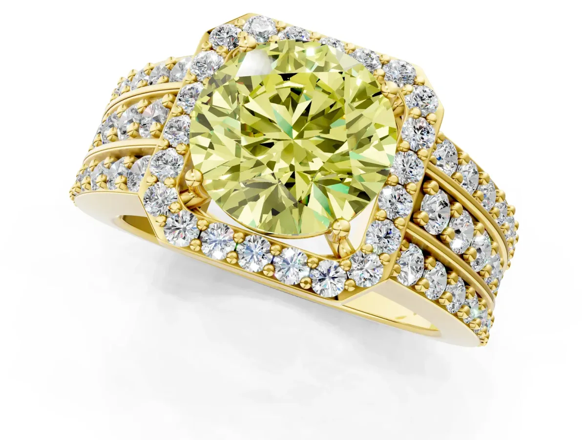 Fancy Yellow Round Cut Halo Diamond Ring with Round Split Shank and Prong Setting Yellow gold