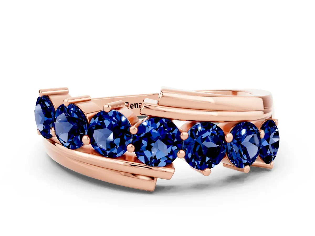 Round Blue Sapphire Wave Band with Channel and Shared Prong Setting Rose gold