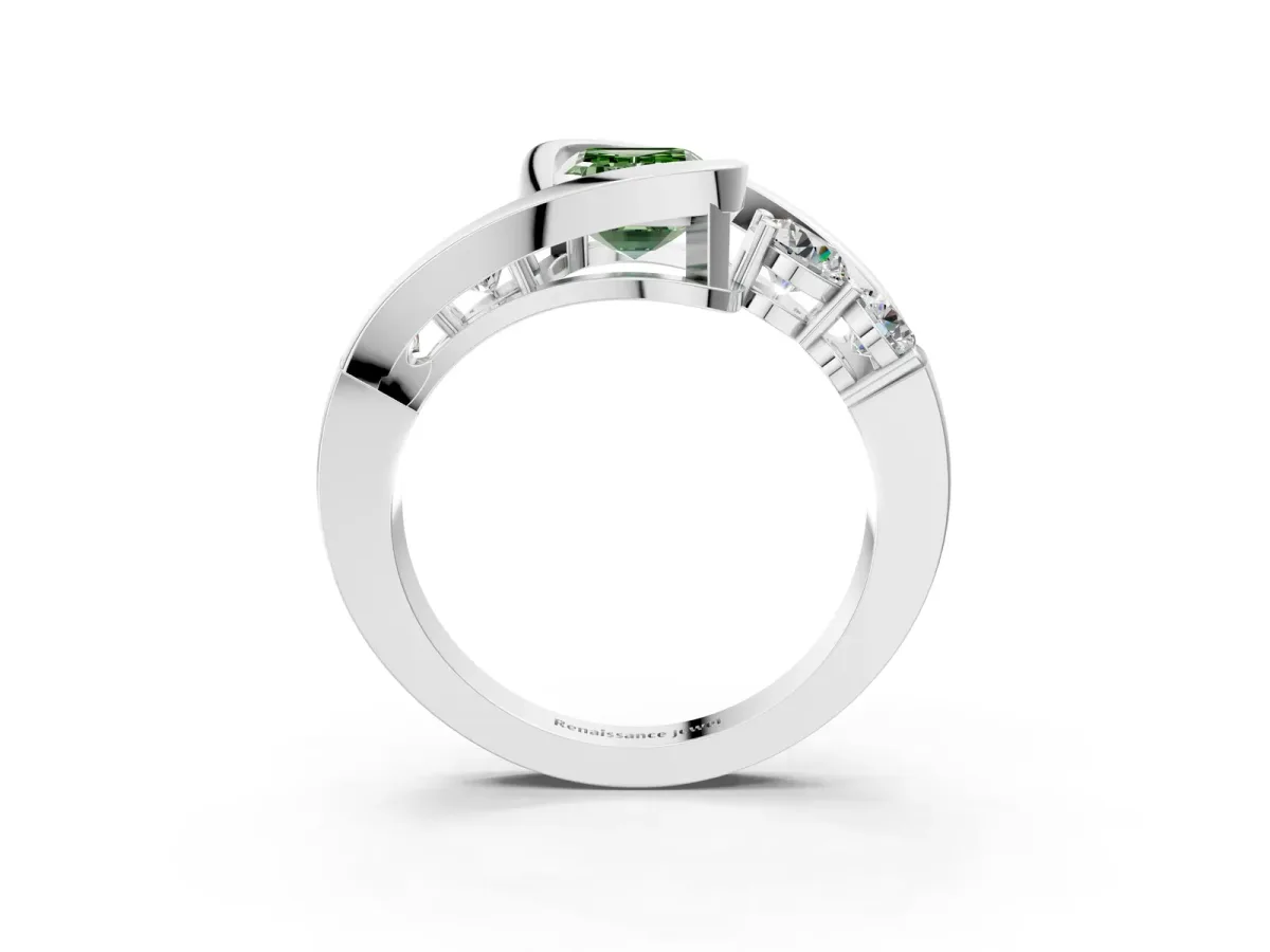 Fancy Green Bezel Set Emerald Cut Diamond Bypass Ring with Round Accents Silver
