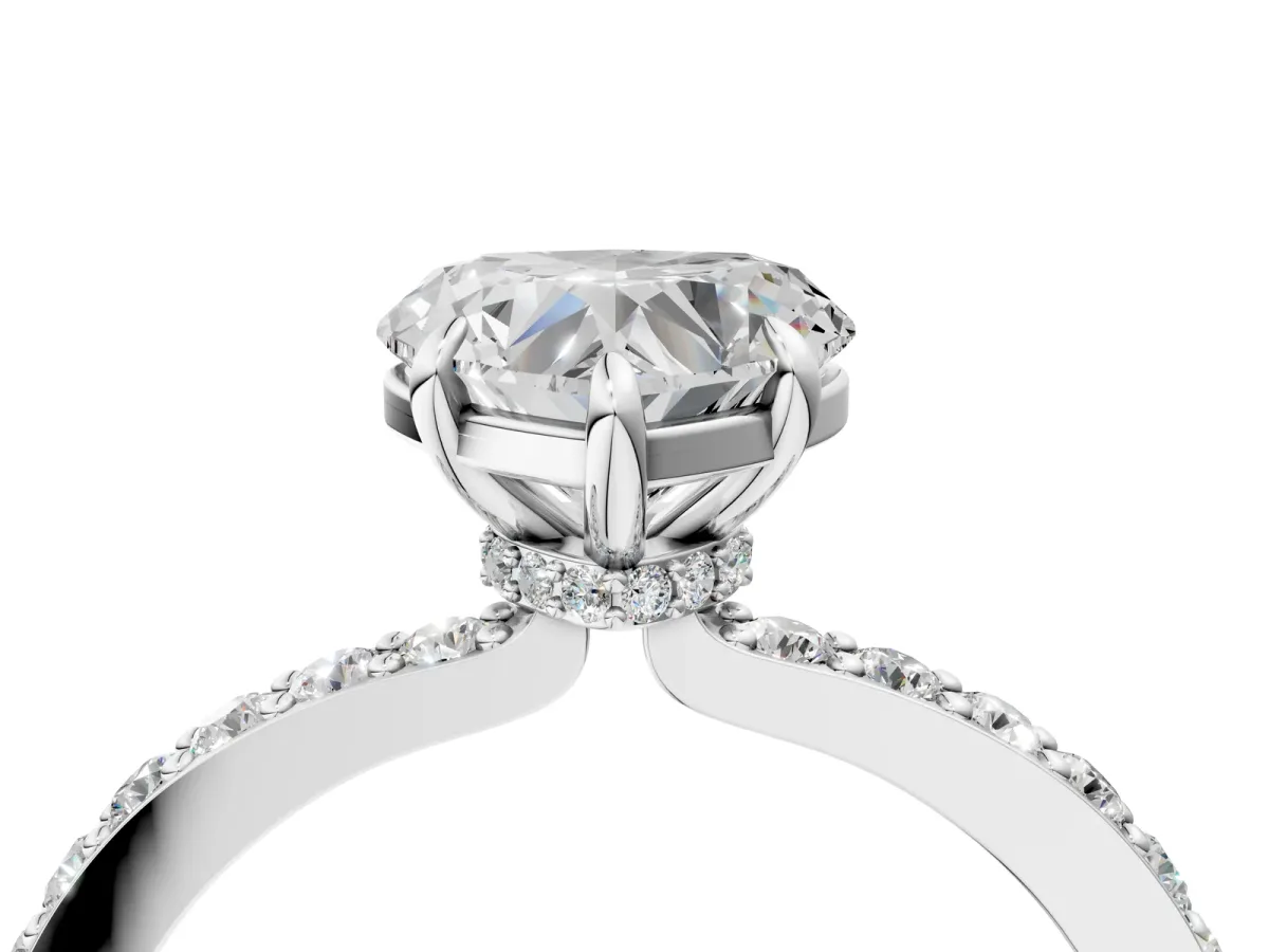 Heart Cut Diamond Solitaire Engagement Ring with Pavé Band and Four-Prong Setting Silver