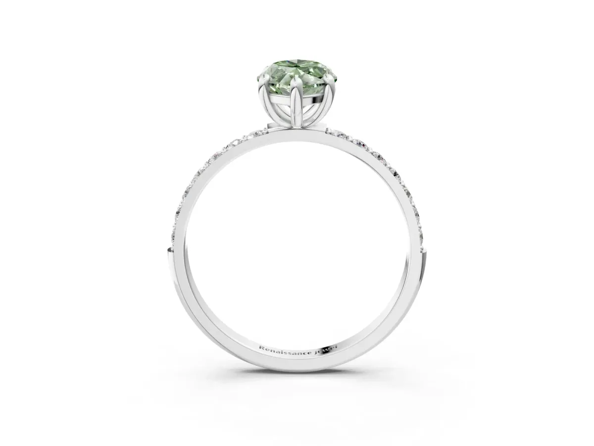 Fancy Green Marquise Cut Diamond Solitaire Ring with Round Pavé Band and Prong Setting Silver