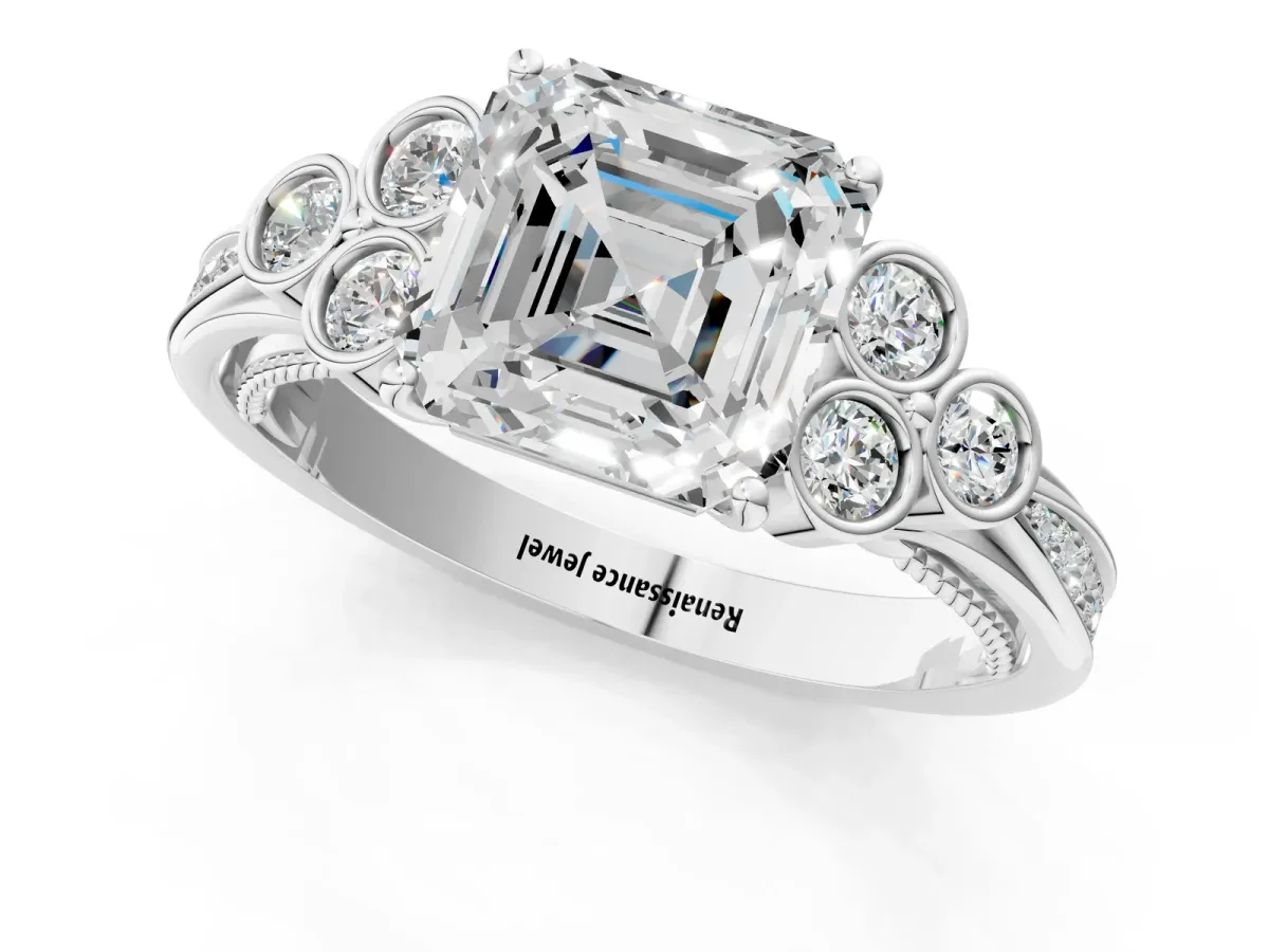 Asscher Cut Cut Diamond Engagement Ring with Bezel Set Round Side Stones and Prong Setting Platinum