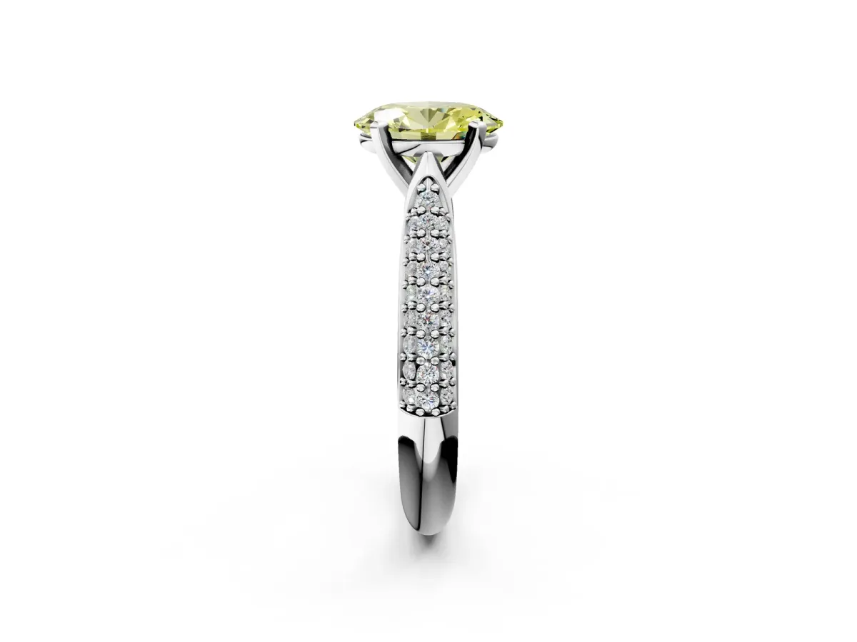 Fancy Yellow Oval Cut Diamond Solitaire Engagement Ring with Multi-Row Round Pavé Band and Prong Setting Silver