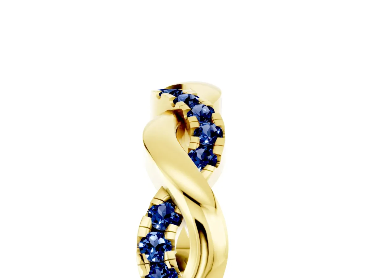 Pavé Round Blue Sapphire Twist Eternity Band with Shared Prong Setting Yellow gold
