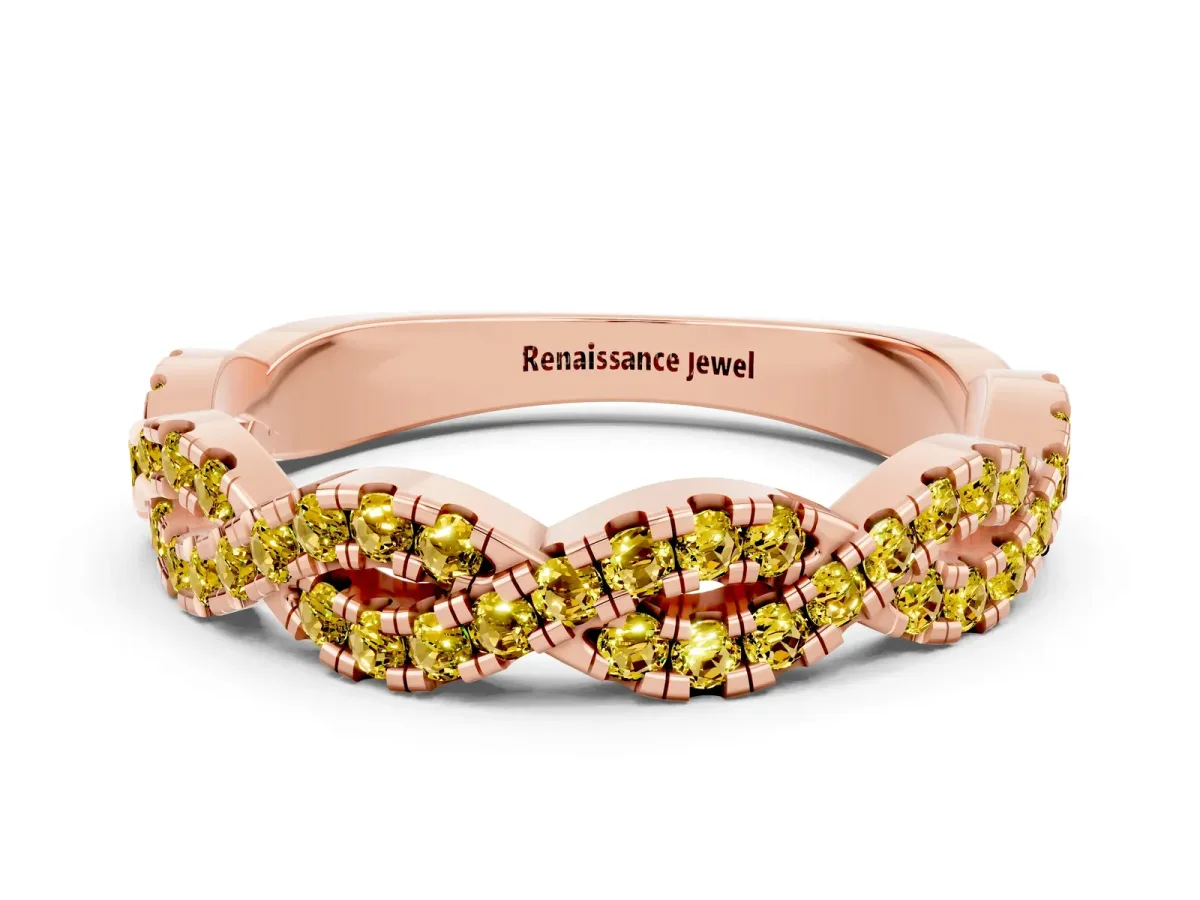 Round Yellow Sapphire Twisted Eternity Band with Pavé and Shared Prong Setting Rose gold
