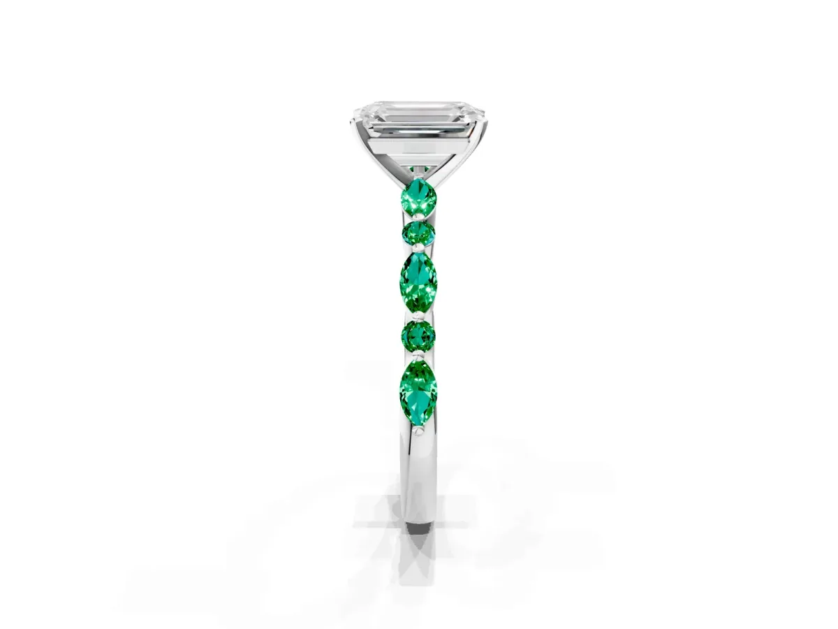 Emerald Cut Diamond Ring with Marquise and Round Emerald Side Stones and Four-Prong Setting Silver