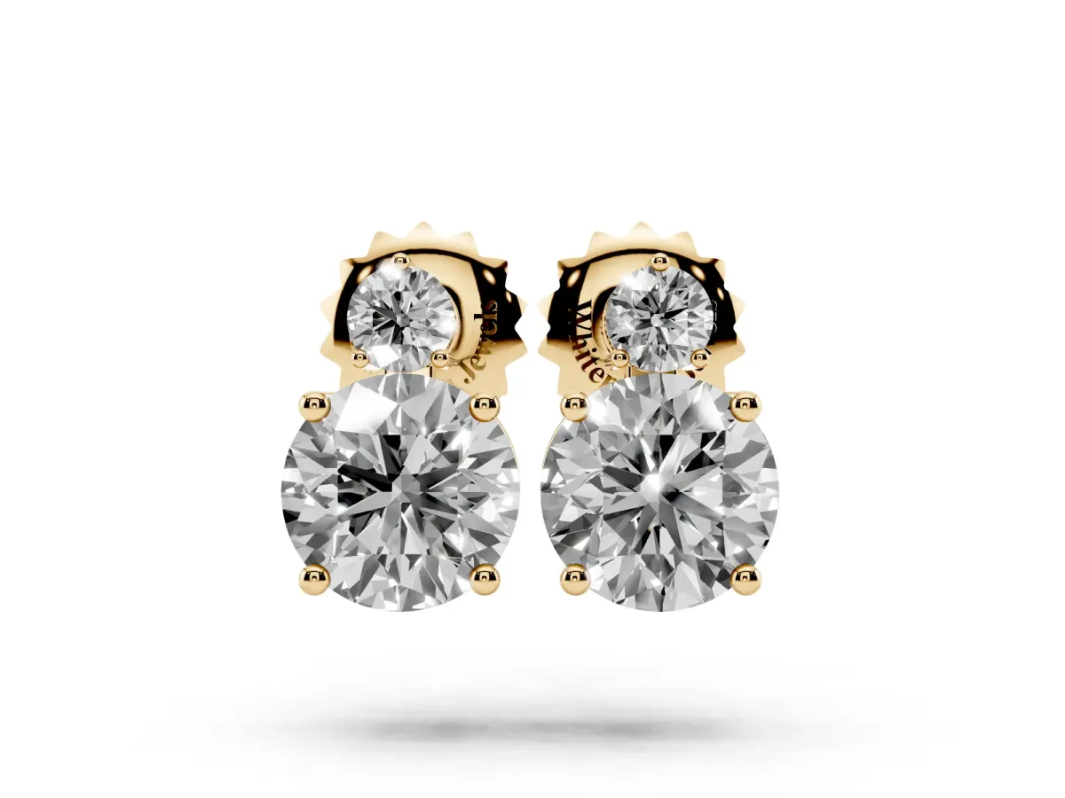 Round Diamond Basket-Set Stud Earrings with Diamond Accent Yellow gold
