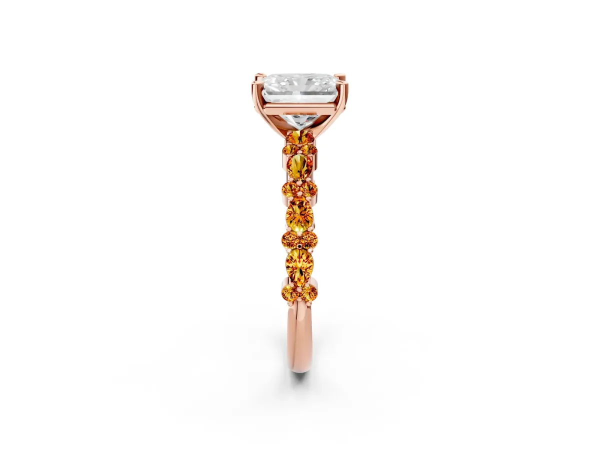 Radiant Cut Diamond Side Stone Solitaire Ring with Round Citrine and Four-Prong Setting Rose gold