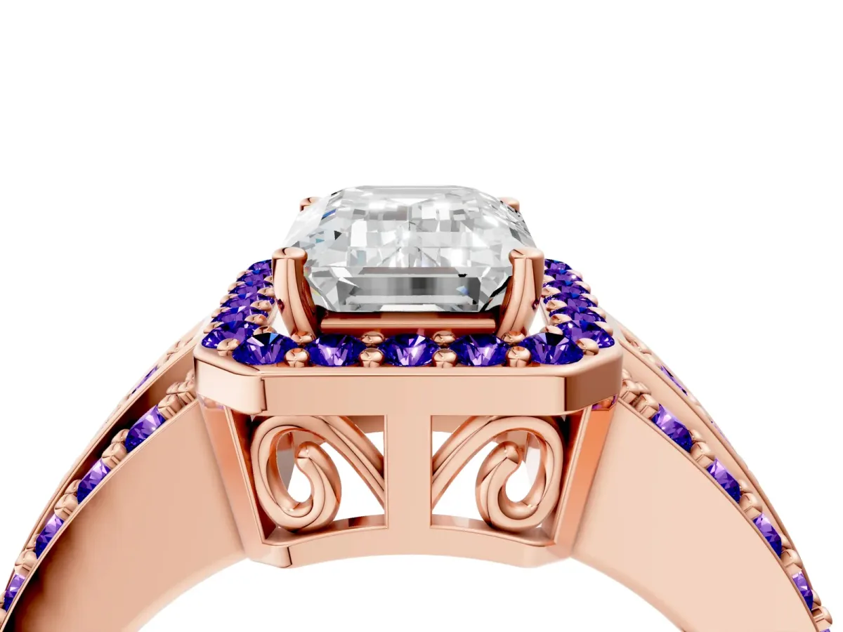 Emerald Cut Halo Diamond Ring with Round Tanzanite Split Shank and Prong Setting Rose gold