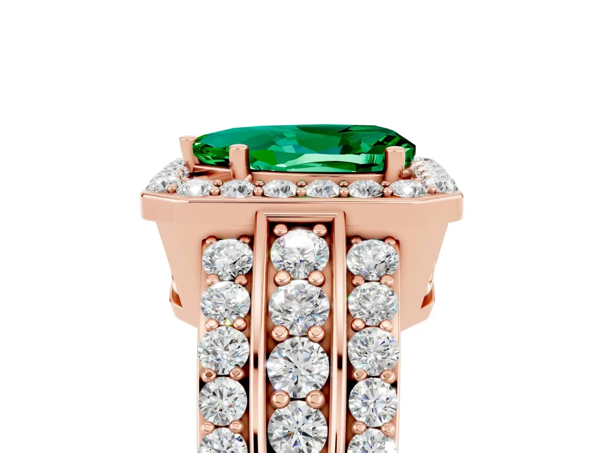 Pear Cut Halo Emerald Ring with Round Split Shank and Prong Setting Rose gold