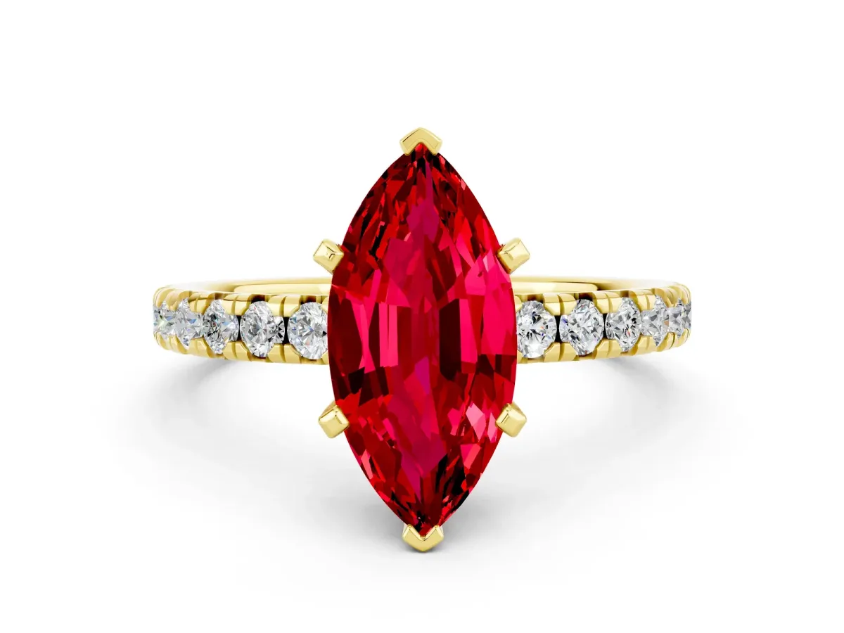 Marquise Cut Ruby Solitaire Pavé Engagement Ring with Round Band and Prong Setting Yellow gold