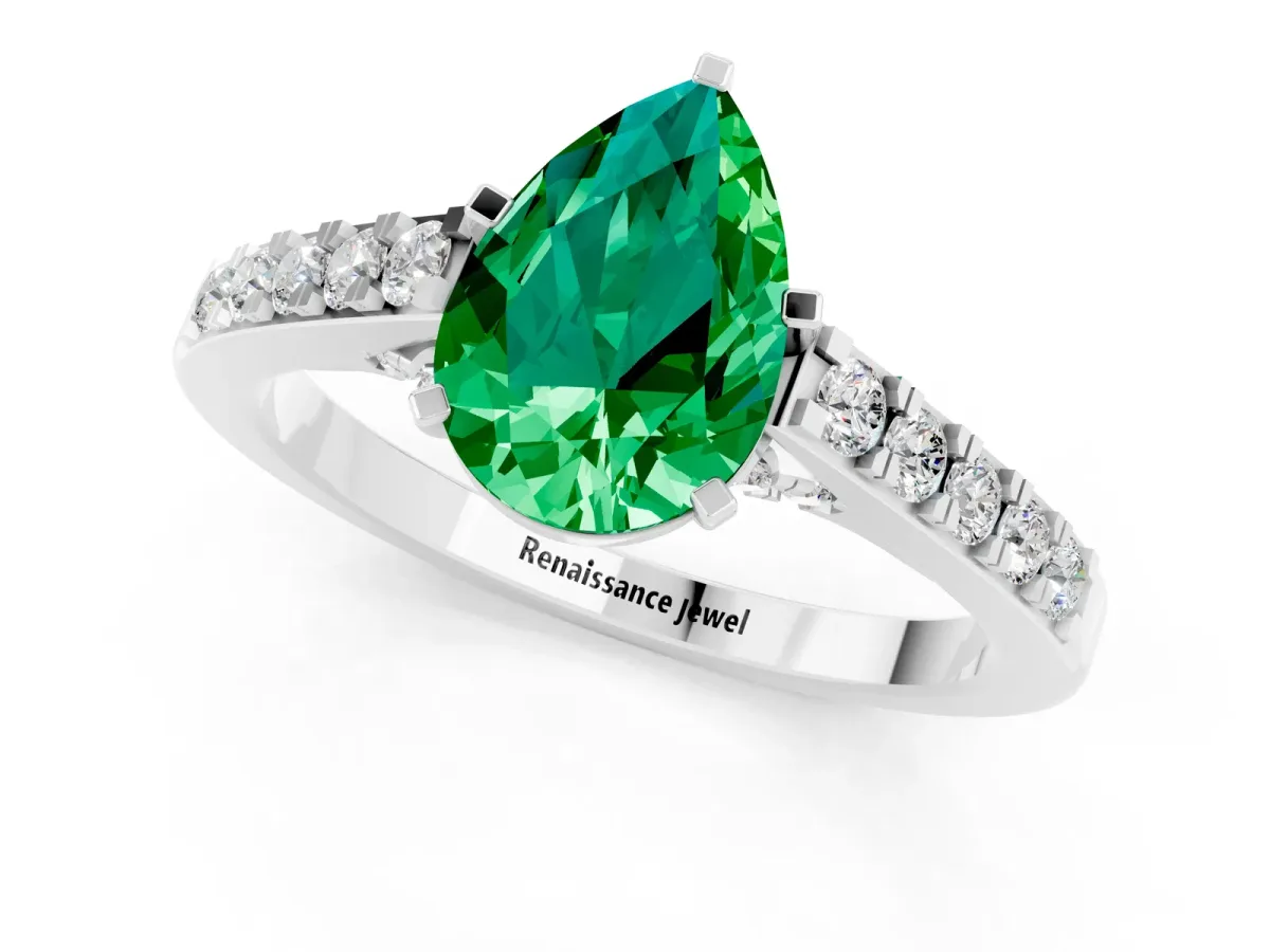 Pear Cut Emerald Solitaire Ring with Crossover Gallery and Round Pavé Band Platinum