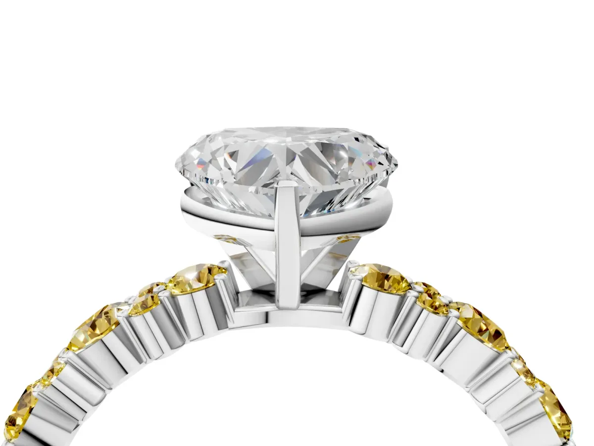 Heart Cut Diamond Side Stone Solitaire Ring with Round Yellow Sapphire and Four-Prong Setting Silver