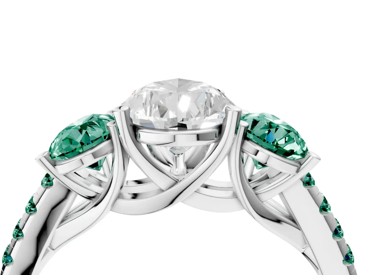 Three-Stone Pear Cut Diamond Ring with Round Green Sapphire Pavé Band and Prong Setting Silver